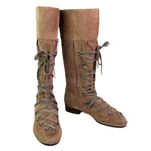 JOY&PEACE BEIGE REAL LEATHER SUEDE LOW HEEL ROUND TOE ZIP SIDE LACE BOOTS Sz 40